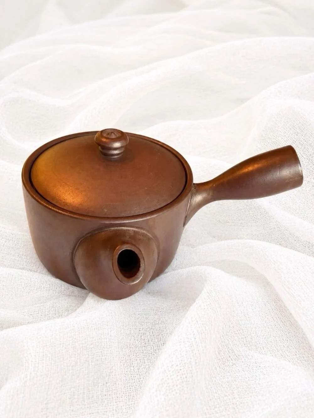 Japanese Brown Stoneware Kyusu Side Handle Teapot Mesh Strainer 6” Wide